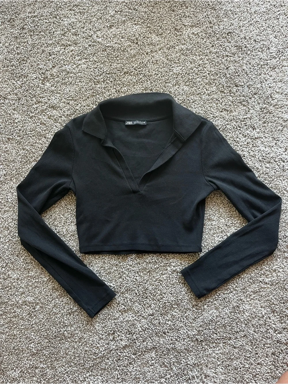 Zara Black Long-Sleeve Cropped Polo Top